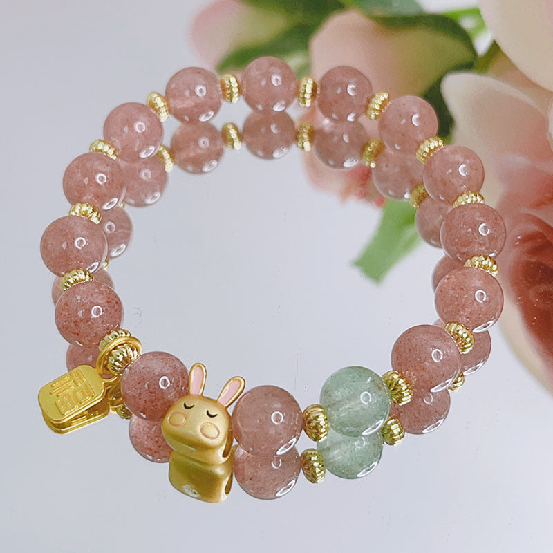 Natural Strawberry Quartz Crystal Cute Little Bunny Positive Bracelet