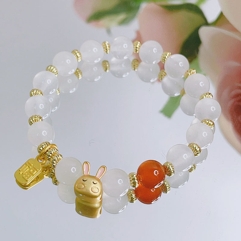 Natural White Jade Crystal Cute Little Bunny Positive Bracelet