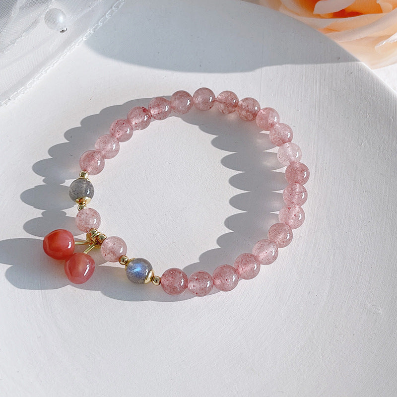 Natural Strawberry Quartz Crystal Little Cherry Charm Positive Bracelet