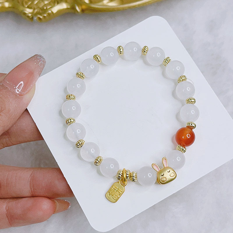 Natural White Jade Crystal Cute Little Bunny Positive Bracelet