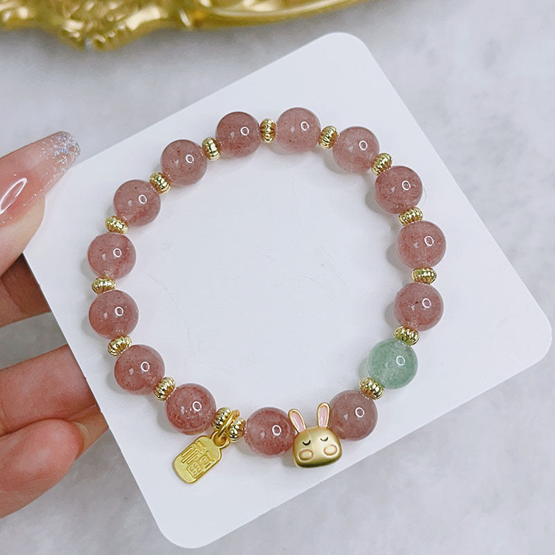 Natural Strawberry Quartz Crystal Cute Little Bunny Positive Bracelet